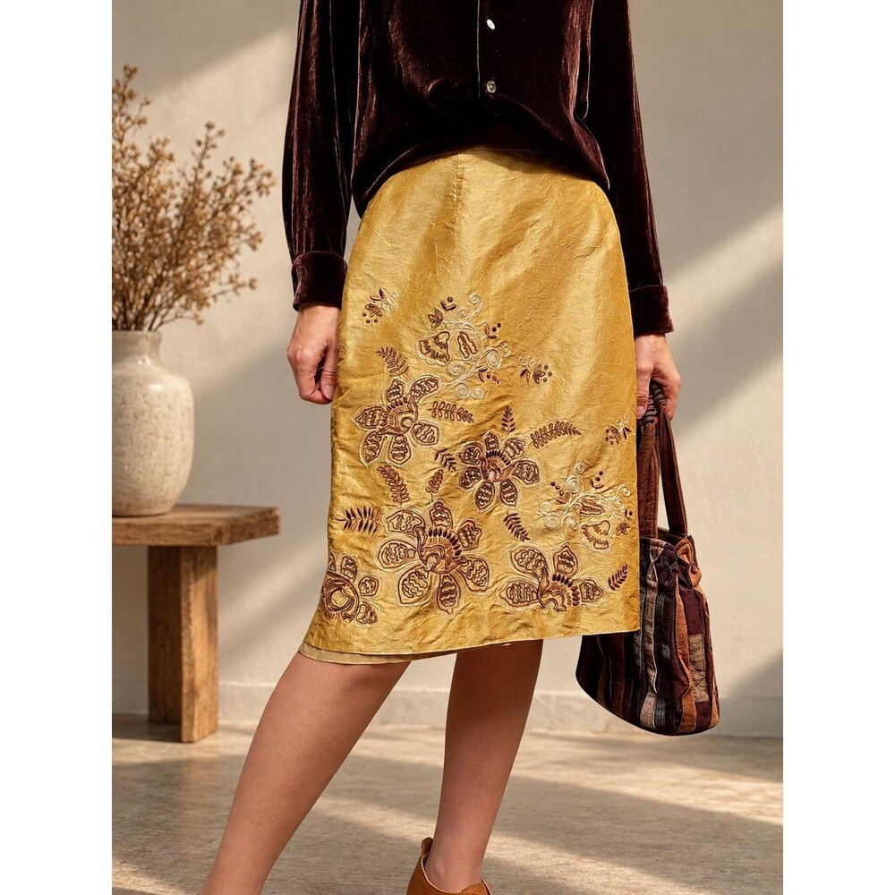 Floral Embroidered Silk Skirt - Golden Mustard Floral Beaded Pencil Skirt 10
